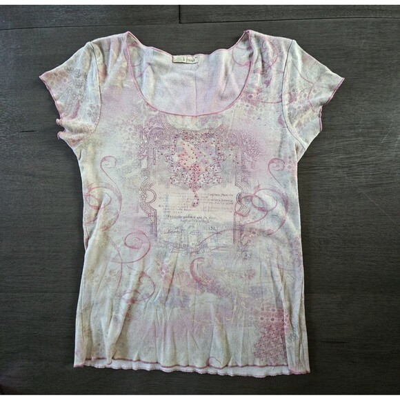VTG B Friends Pink Fairy Y2K Graphic Fitted T-Shirt Size M Coquette Rhinestones - Picture 1 of 7